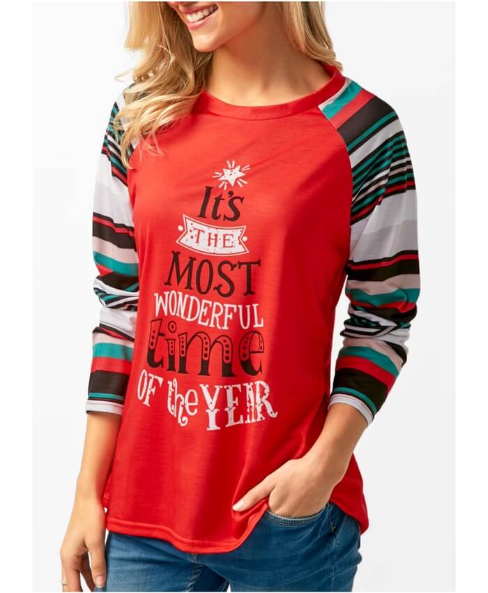 Long Sleeve Letter Print Red T Shirt